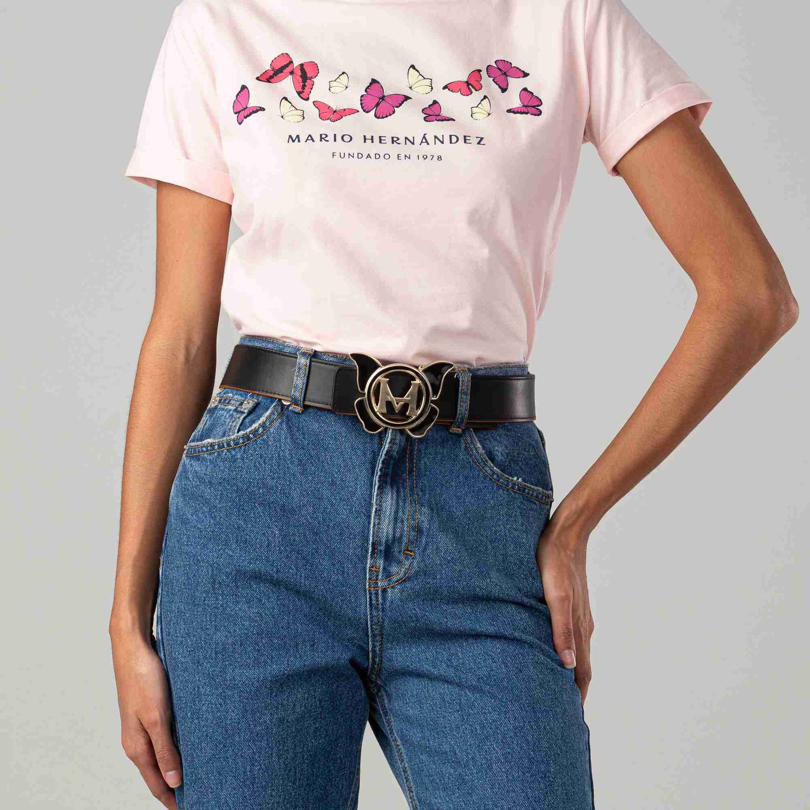 Cinturón Casual Mariposa Monograma Negro Caramelo