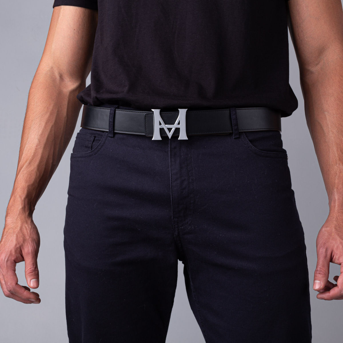 Cinturón Casual Monograma Doble Faz Negro Caramelo