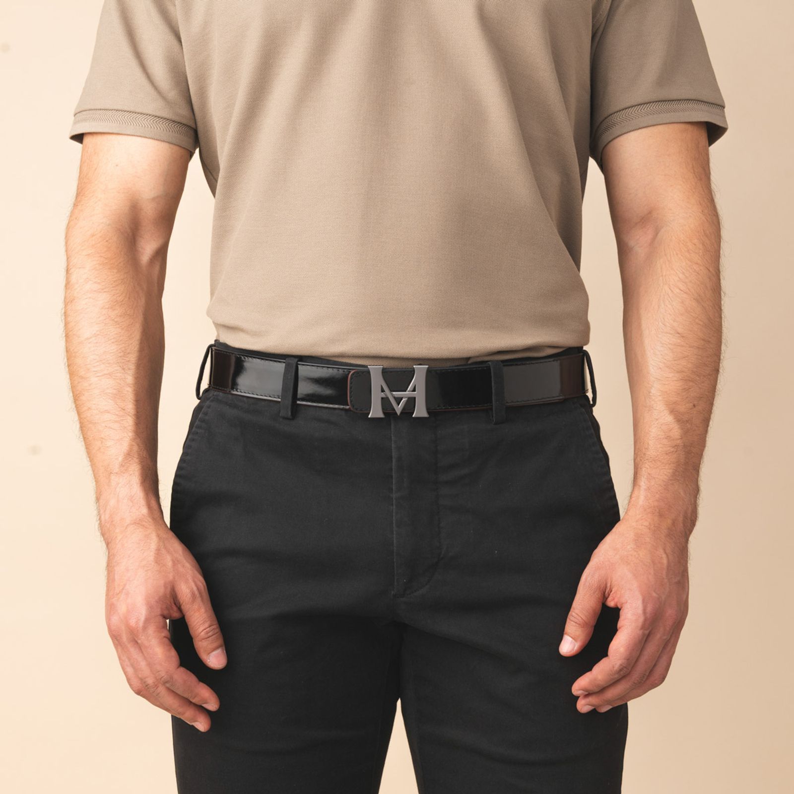 Cinturón Casual Monograma Doble Faz Negro Brillante Café